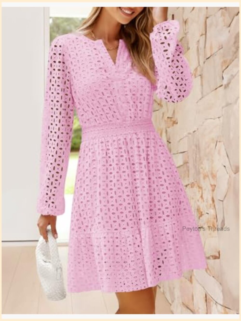 Women's V Neck Long Sleeve Mini Dress A-Line Swing Eyelet Embroidery Ruffle - Picture 4 of 7